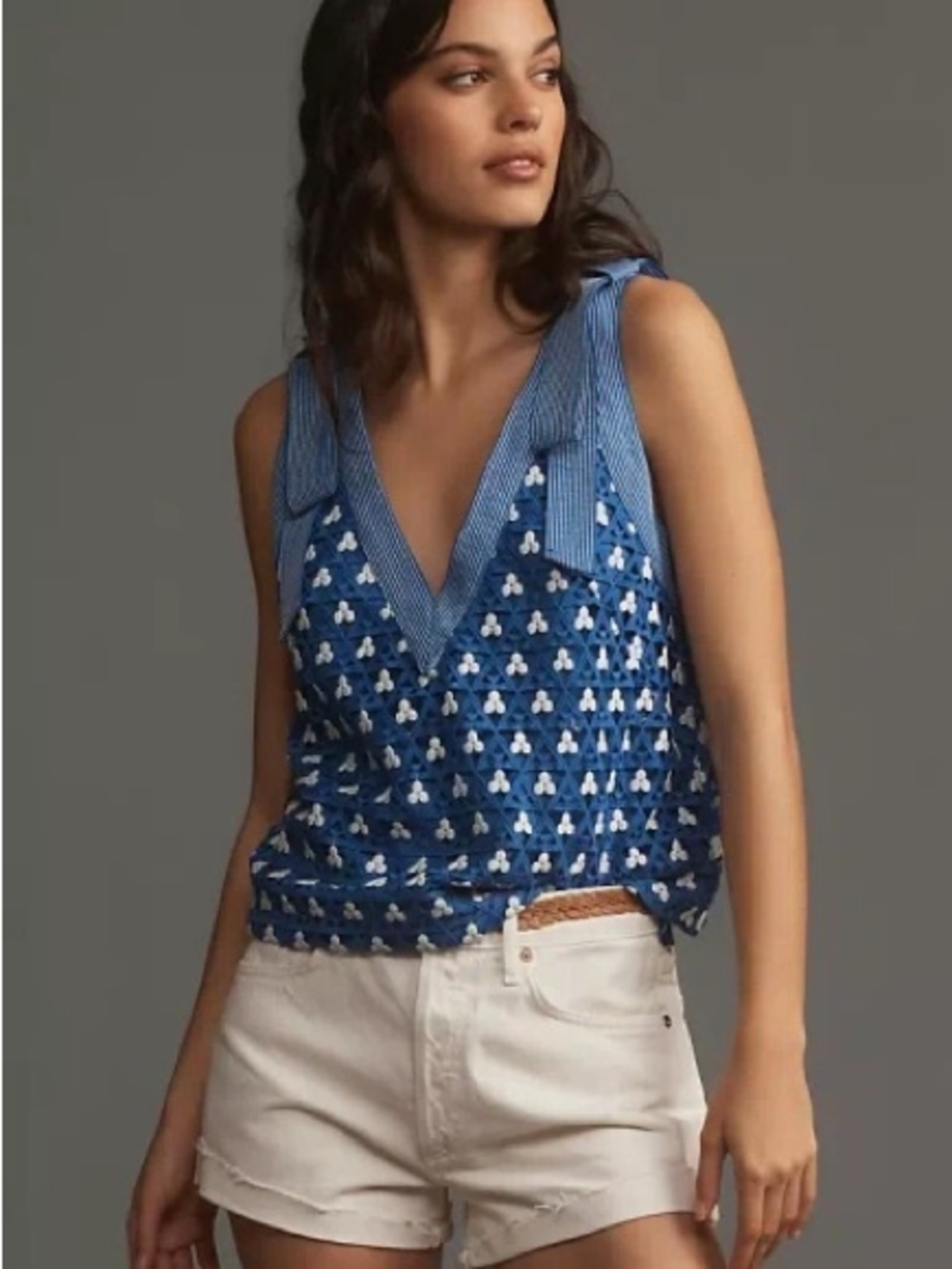 Anthropologie Blue Crochet V-Neck Sleeveless Top